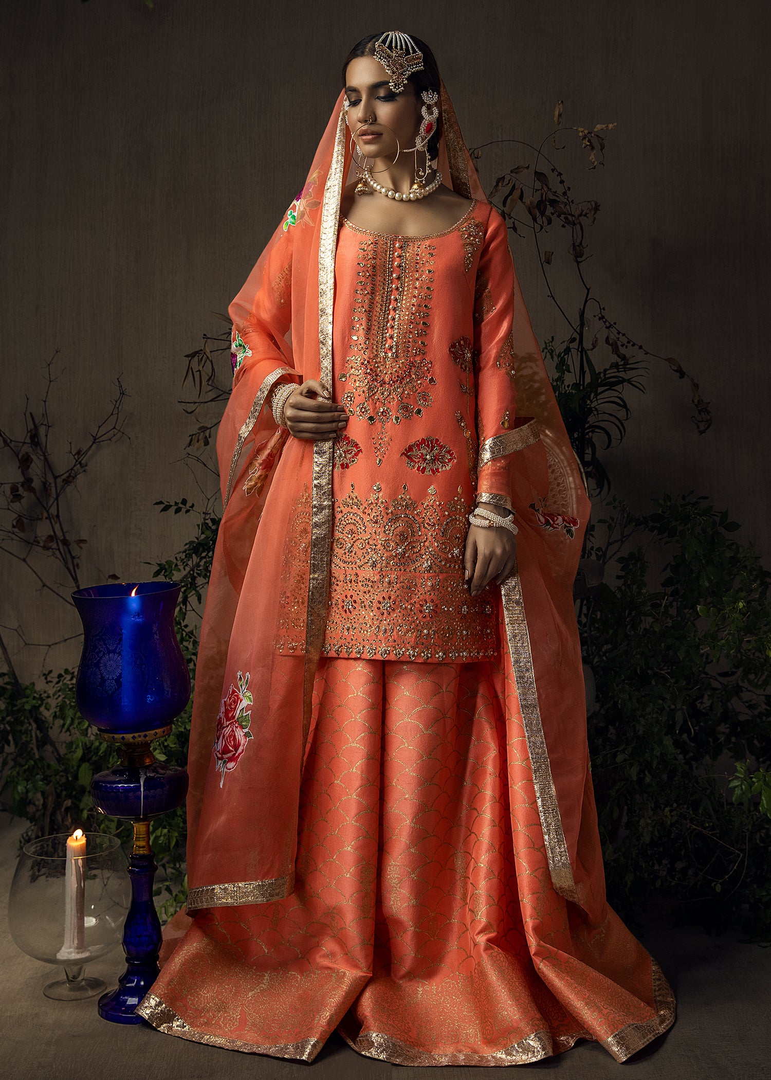 Coral Gold Block Printed Raw Silk Sharara (3-Piece) - Image 1