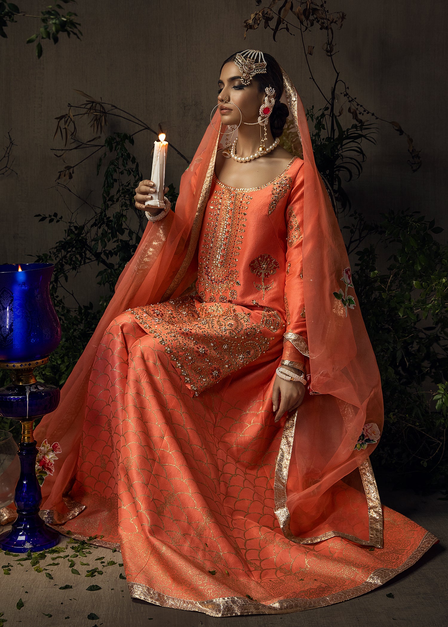 Coral Gold Block Printed Raw Silk Sharara (3-Piece) - Image 4