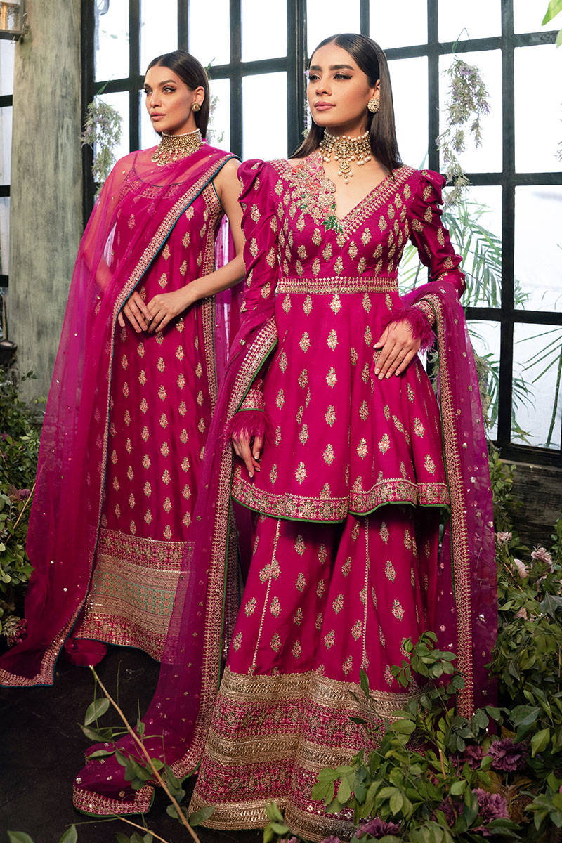 Pakistani Pink Embroidered Raw Silk Peplum Sharara (3-Piece) - Image 1