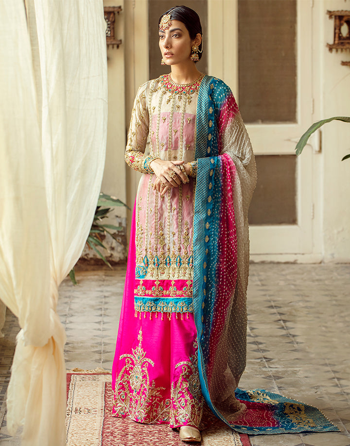 Pakistani Fuchsia and Gold Embroidered Tissue Sharara (3-Piece) - Image 1