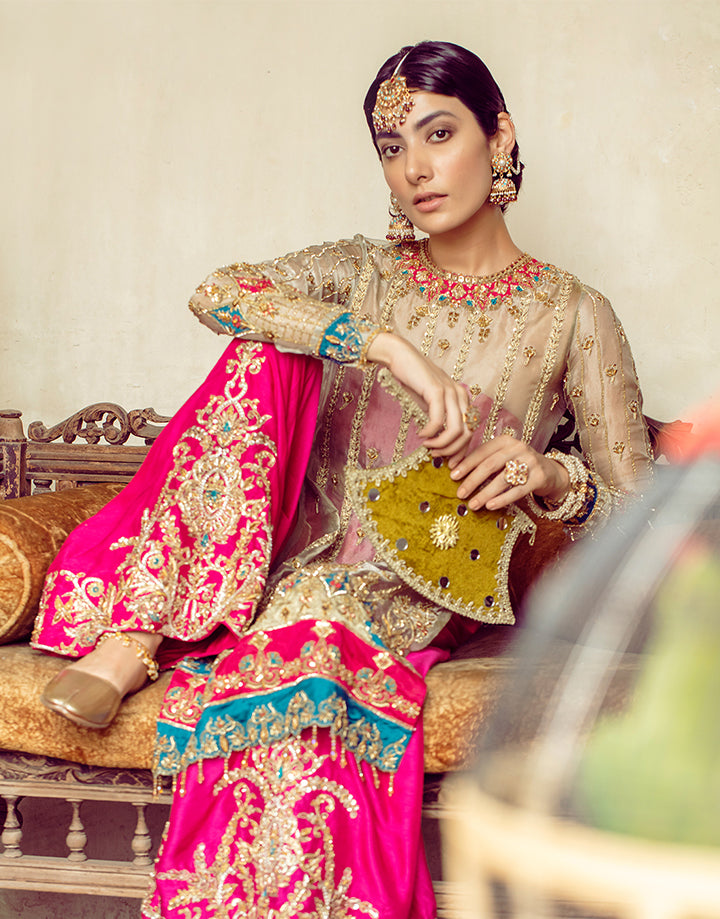 Pakistani Fuchsia and Gold Embroidered Tissue Sharara (3-Piece) - Image 10