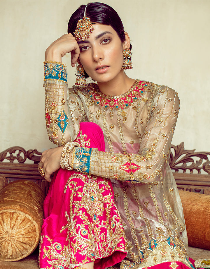 Pakistani Fuchsia and Gold Embroidered Tissue Sharara (3-Piece) - Image 11