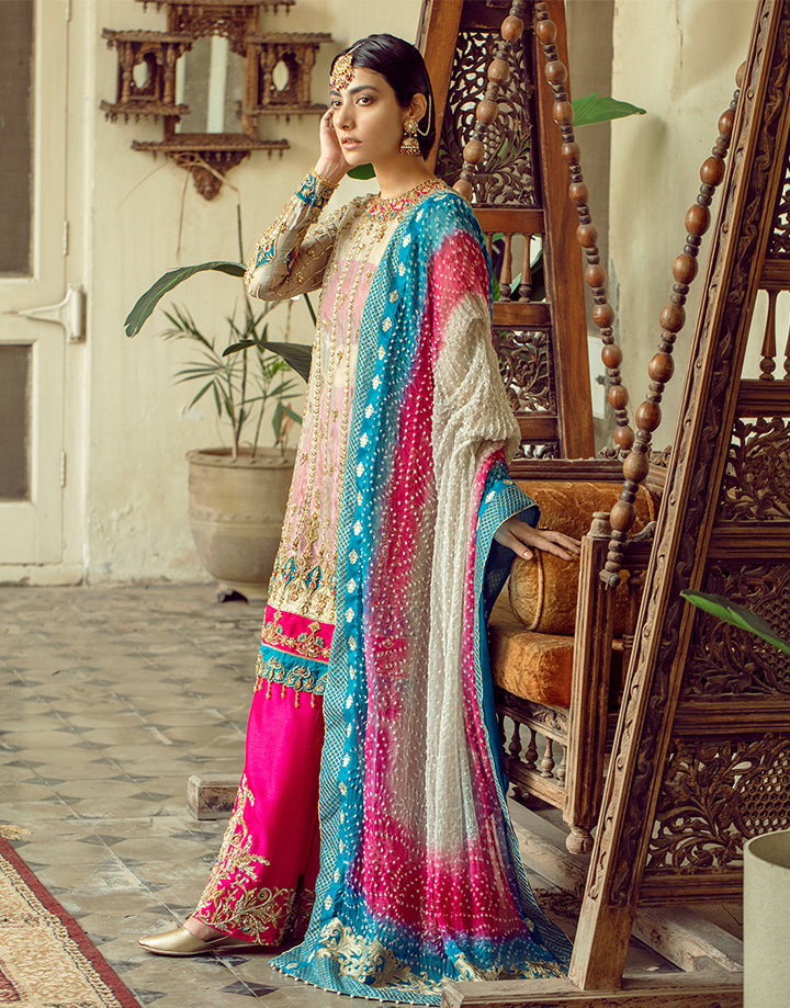 Pakistani Fuchsia and Gold Embroidered Tissue Sharara (3-Piece) - Image 3