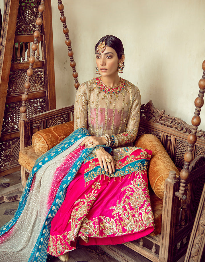 Pakistani Fuchsia and Gold Embroidered Tissue Sharara (3-Piece) - Image 5