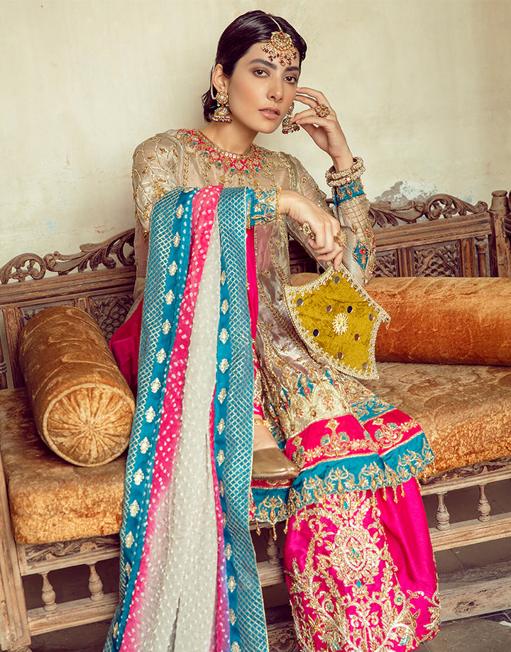 Pakistani Fuchsia and Gold Embroidered Tissue Sharara (3-Piece) - Image 8