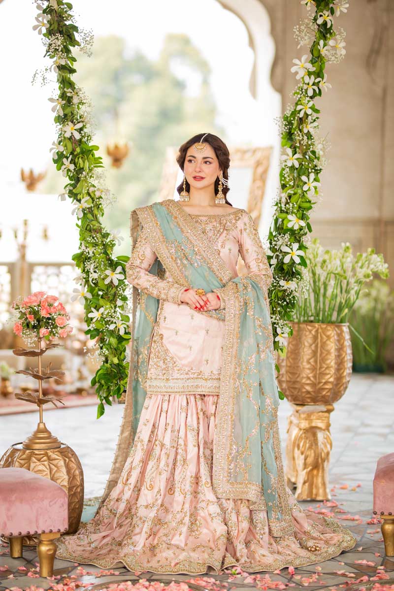 Pakistani Pastel Pink Embroidered Raw Silk Sharara (3-Piece) - Image 1