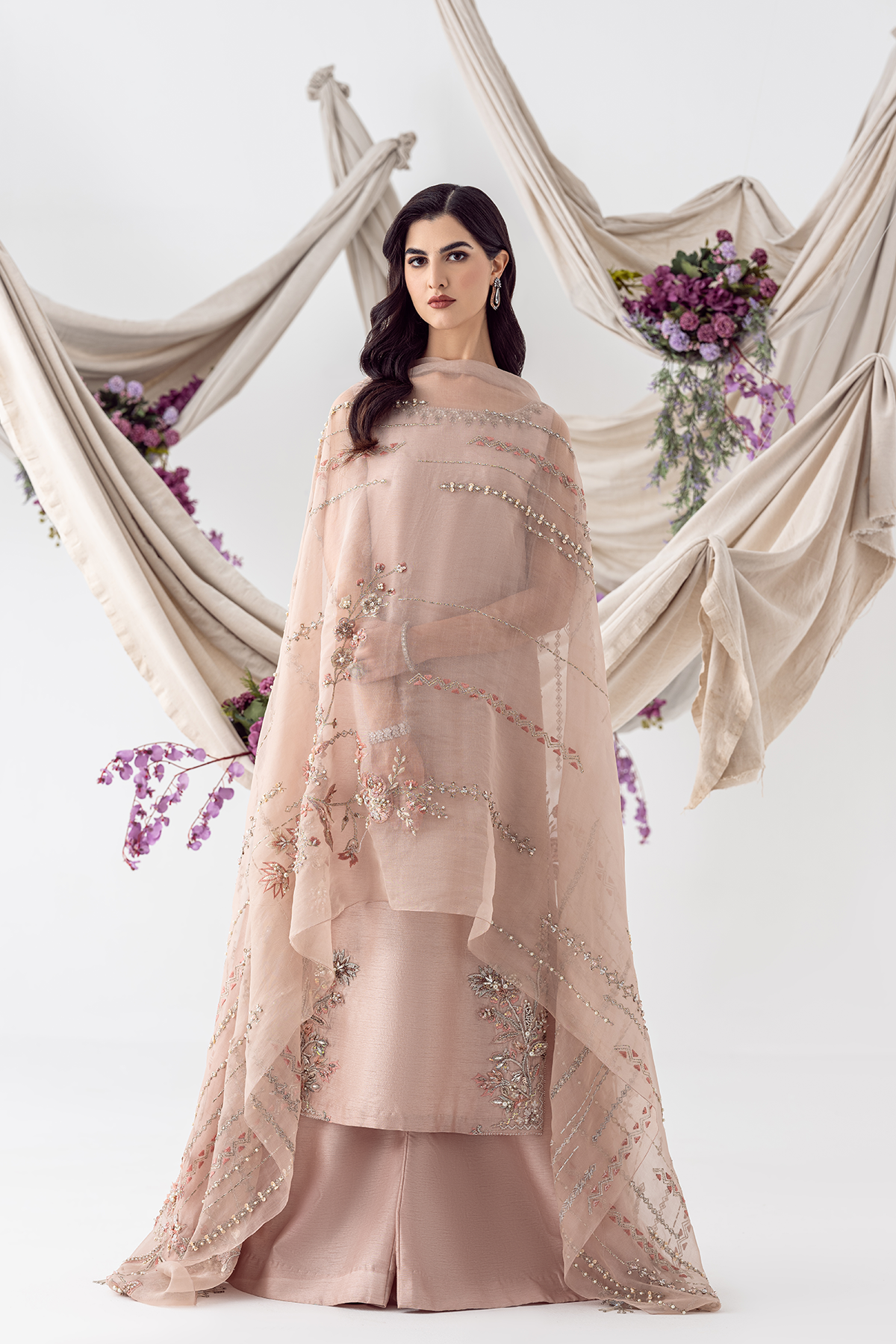 Petal Pink Hand-Embroidered Raw Silk Sharara (3-Piece) - Image 1