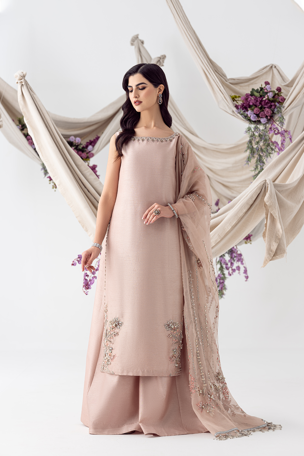 Petal Pink Hand-Embroidered Raw Silk Sharara (3-Piece) - Image 3