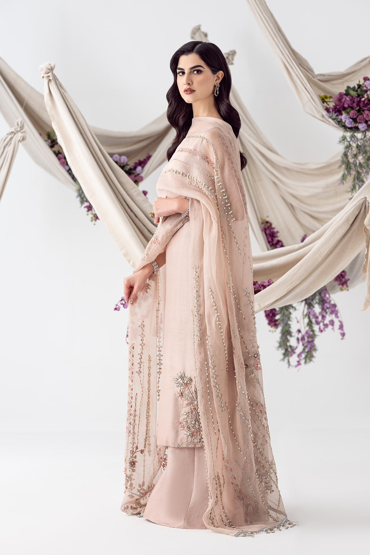 Petal Pink Hand-Embroidered Raw Silk Sharara (3-Piece) - Image 4