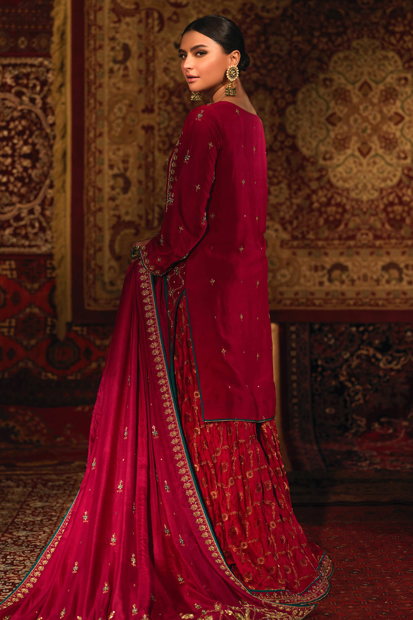 Pakistani Fuchsia Pink Embroidered PK Raw Silk Bridal Sharara (3-Piece) - Image 1