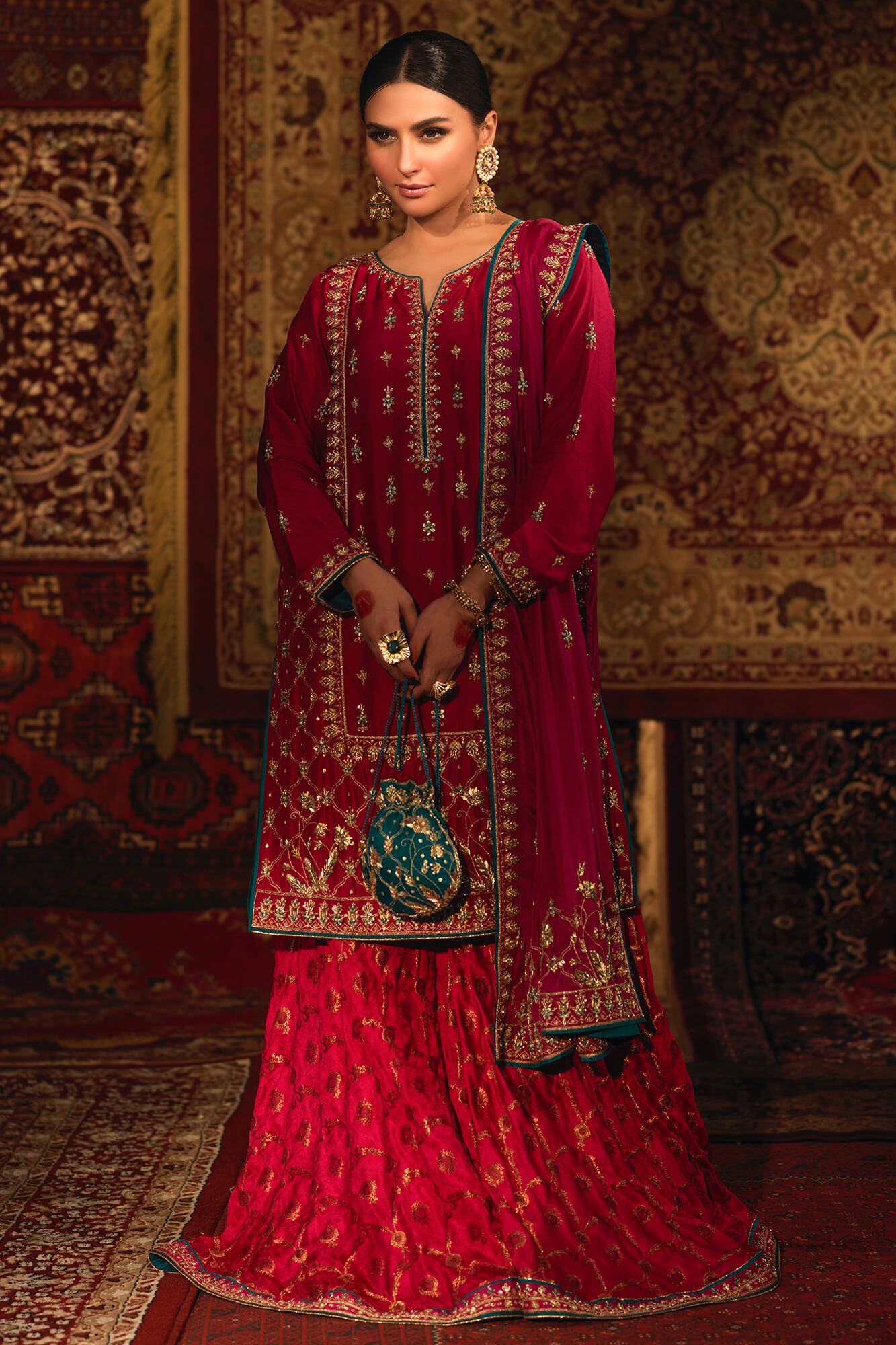 Pakistani Fuchsia Pink Embroidered PK Raw Silk Bridal Sharara (3-Piece) - Image 2