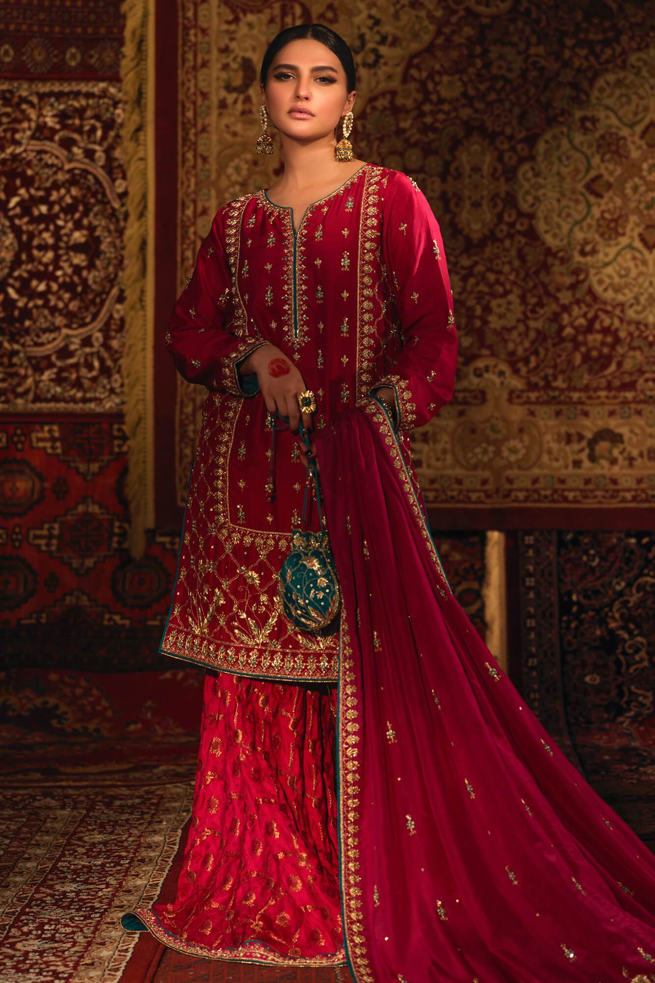 Pakistani Fuchsia Pink Embroidered PK Raw Silk Bridal Sharara (3-Piece) - Image 4
