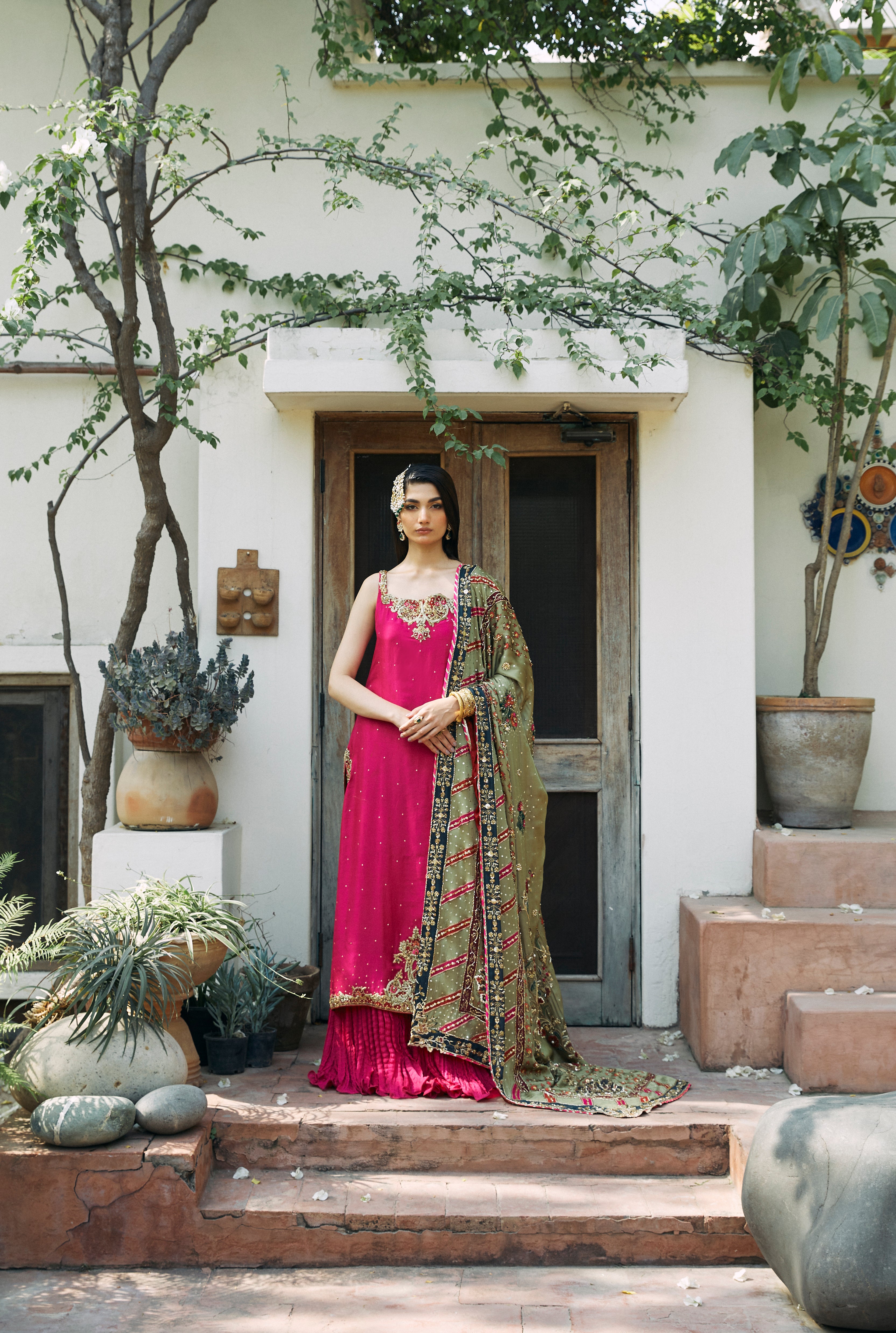 Hot Pink Embroidered Chinese Raw Silk Sharara (3-Piece) - Image 1