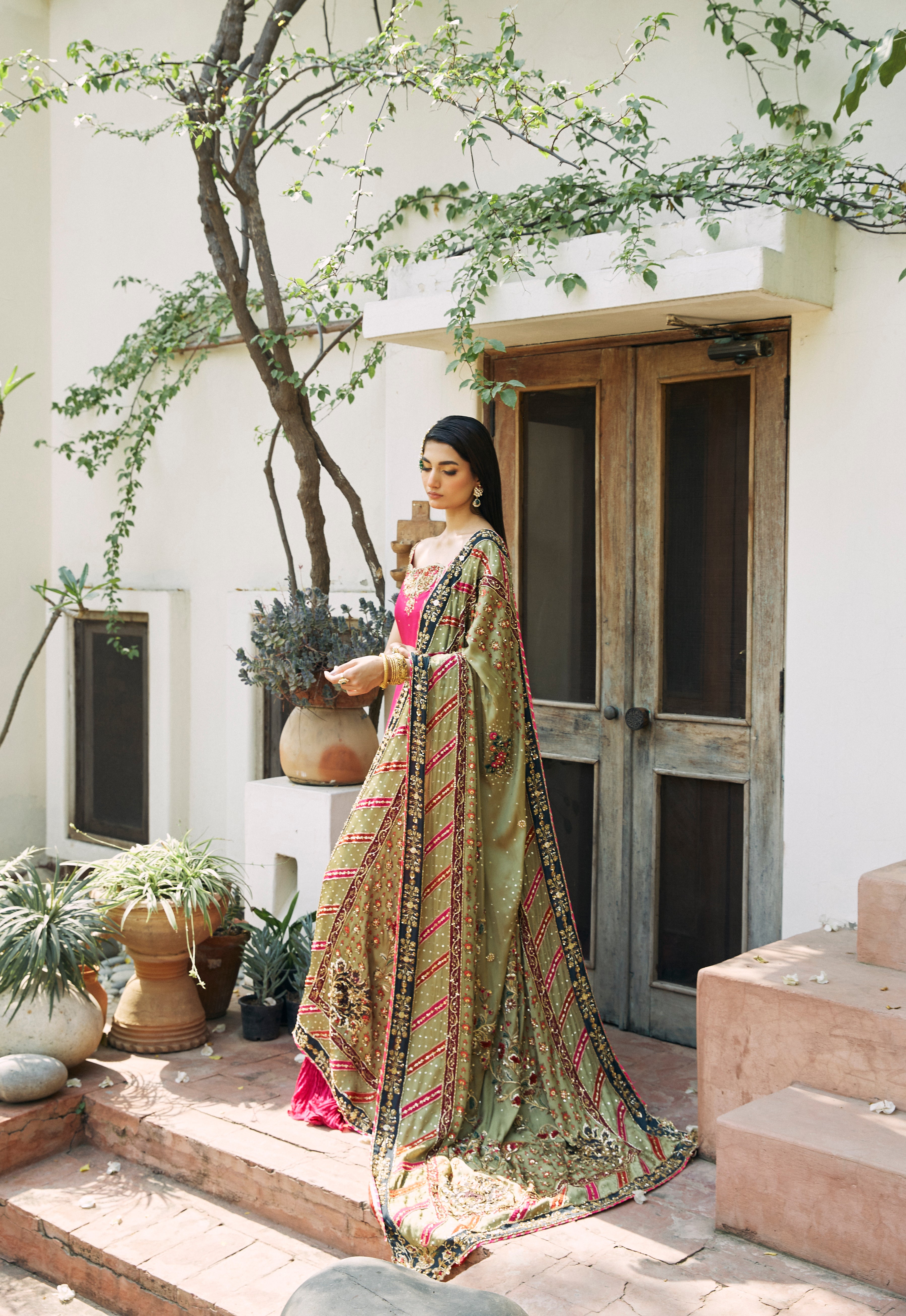 Hot Pink Embroidered Chinese Raw Silk Sharara (3-Piece) - Image 3