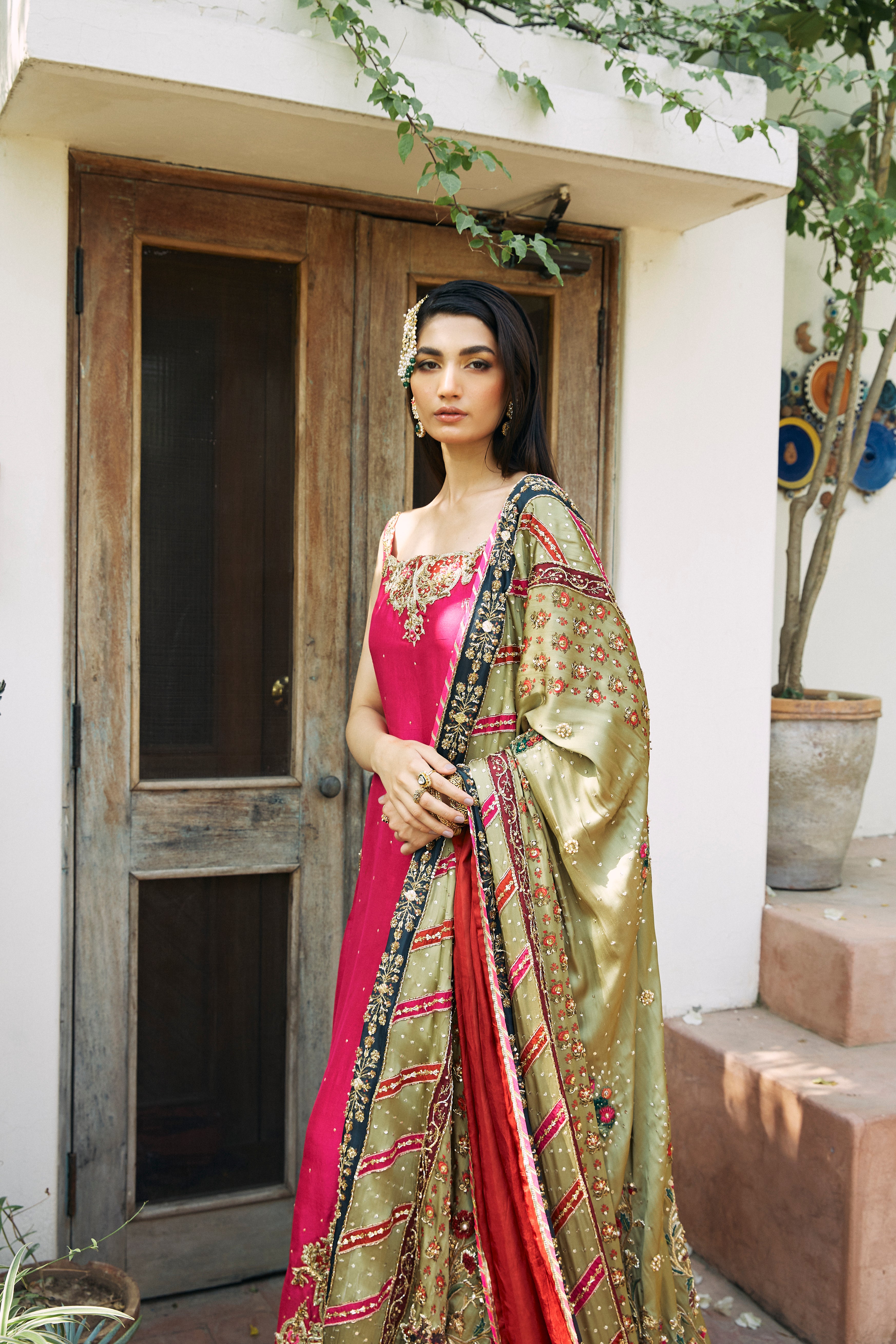Hot Pink Embroidered Chinese Raw Silk Sharara (3-Piece) - Image 4