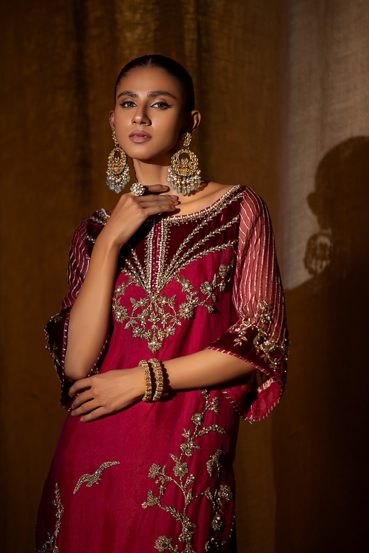 Pakistani Fuchsia Hand Embroidered Raw Silk Sharara (2-Piece) - Image 2