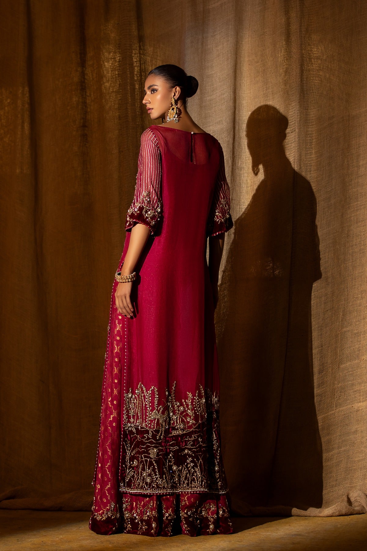 Pakistani Fuchsia Hand Embroidered Raw Silk Sharara (2-Piece) - Image 3