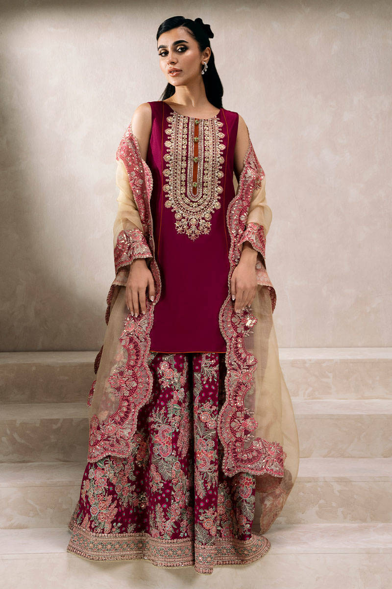 Pakistani Hot Pink Embroidered Raw Silk Sharara (3-Piece) - Image 1