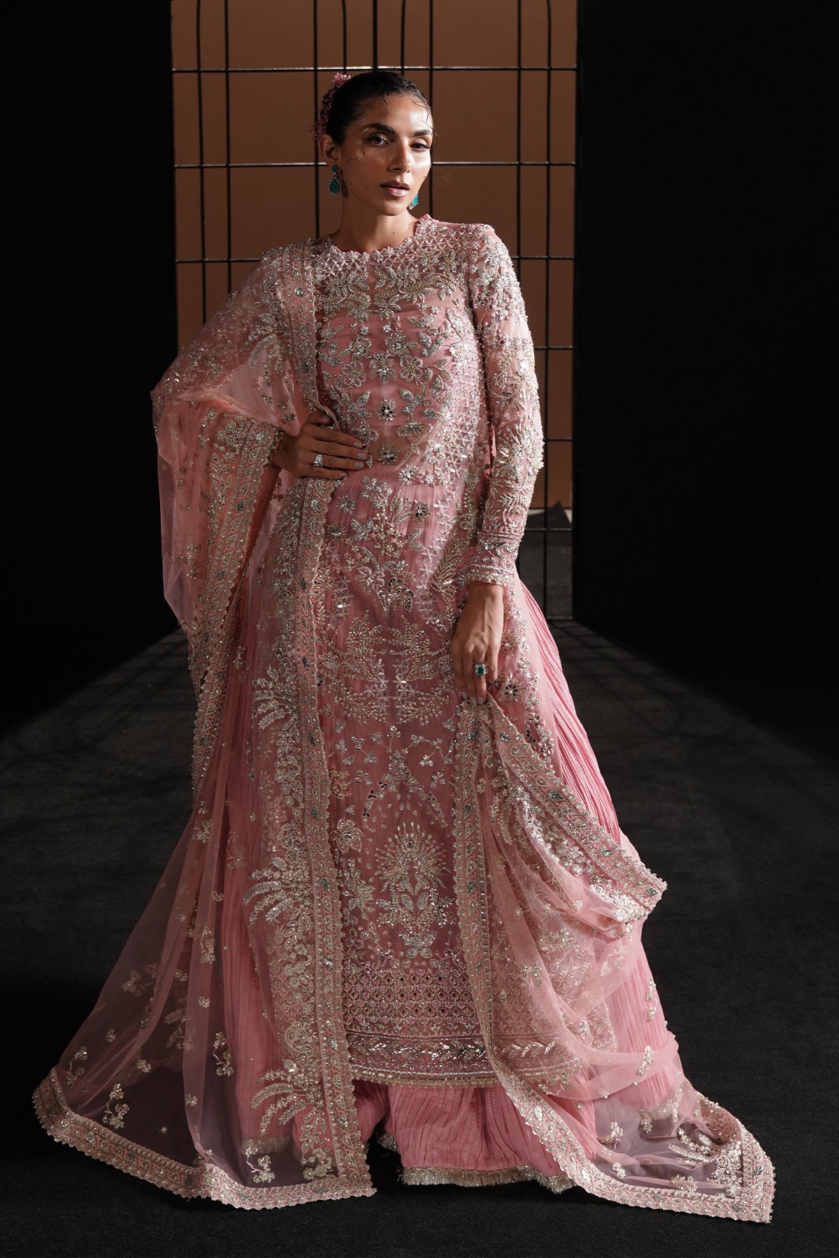 Pakistani Dusty Flamingo Pink Metallic Embroidered Raw Silk Sharara (3-Piece) - Image 1