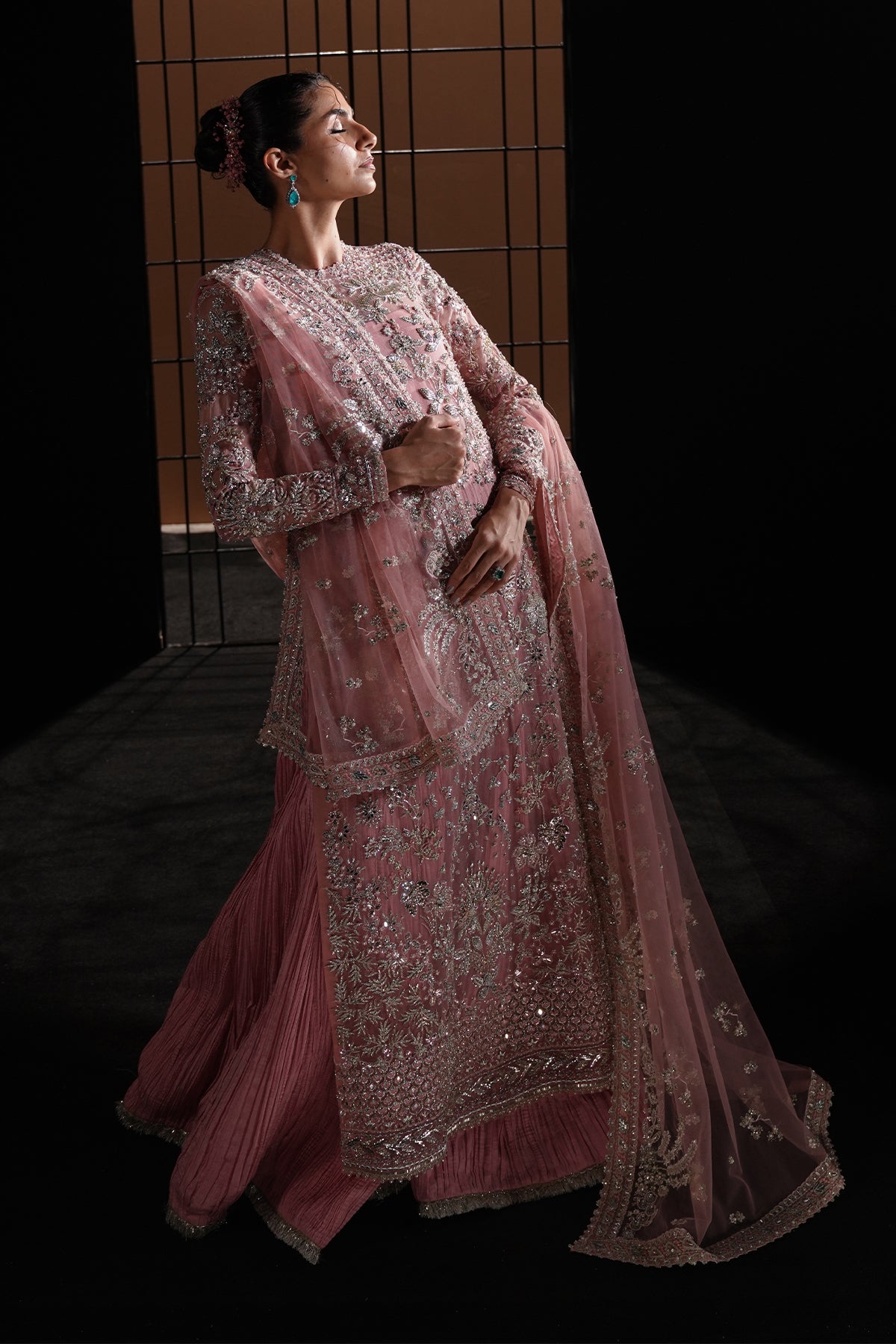 Pakistani Dusty Flamingo Pink Metallic Embroidered Raw Silk Sharara (3-Piece) - Image 10