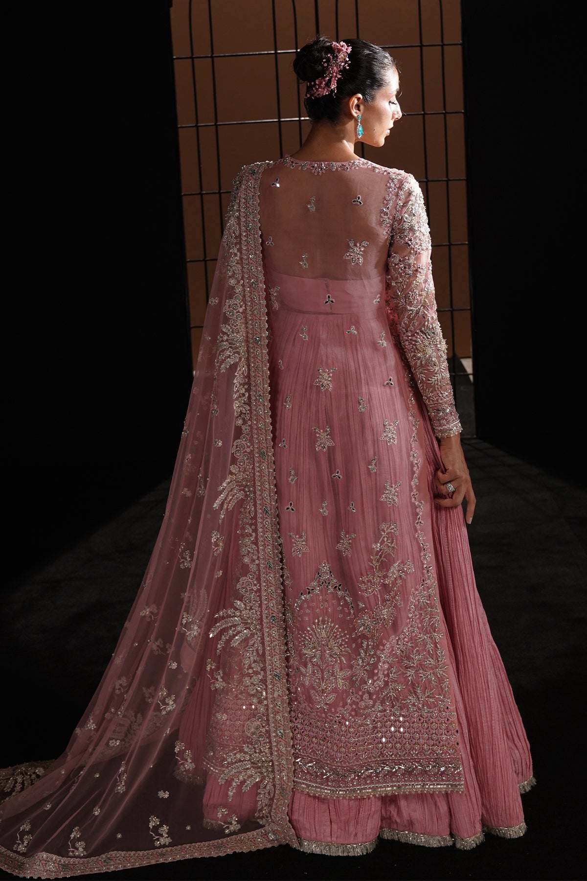 Pakistani Dusty Flamingo Pink Metallic Embroidered Raw Silk Sharara (3-Piece) - Image 2