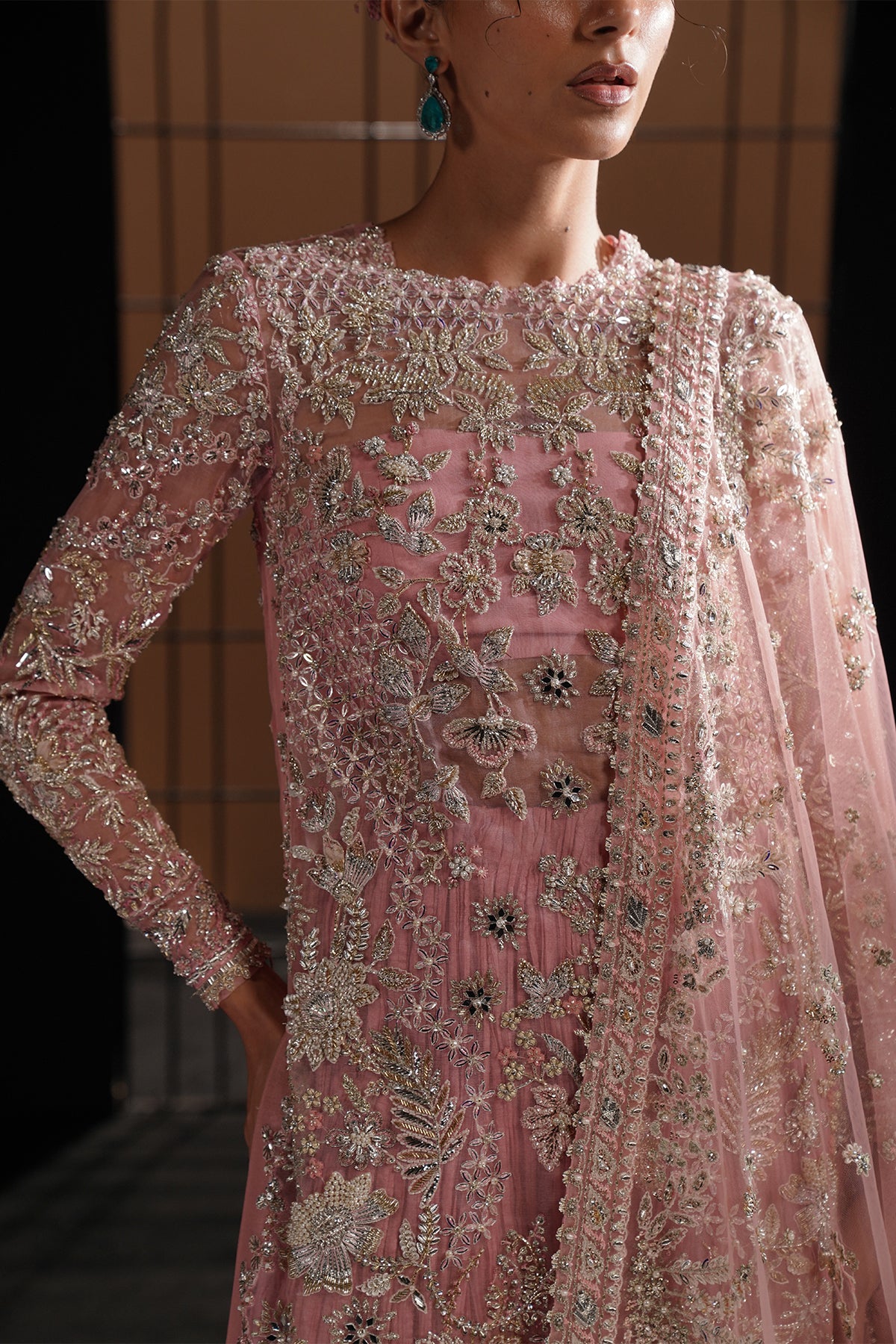 Pakistani Dusty Flamingo Pink Metallic Embroidered Raw Silk Sharara (3-Piece) - Image 3