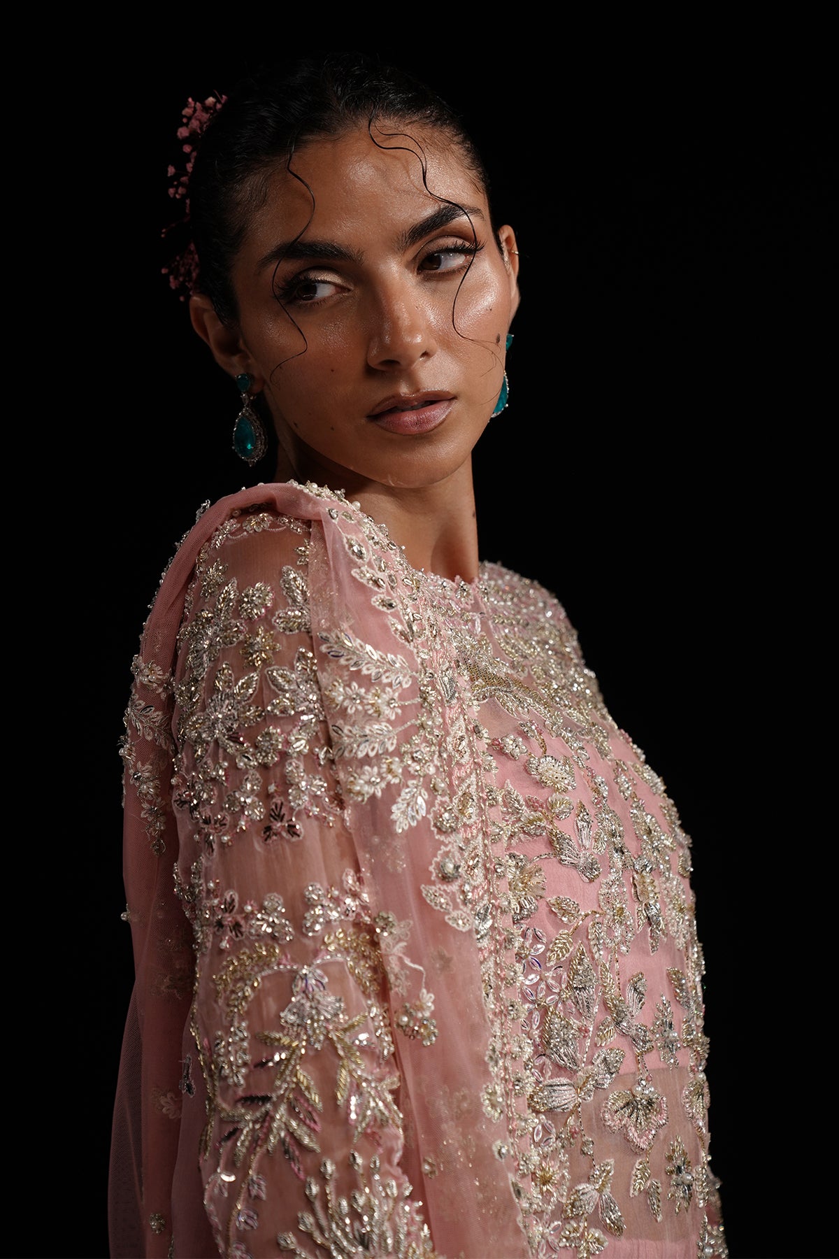 Pakistani Dusty Flamingo Pink Metallic Embroidered Raw Silk Sharara (3-Piece) - Image 4