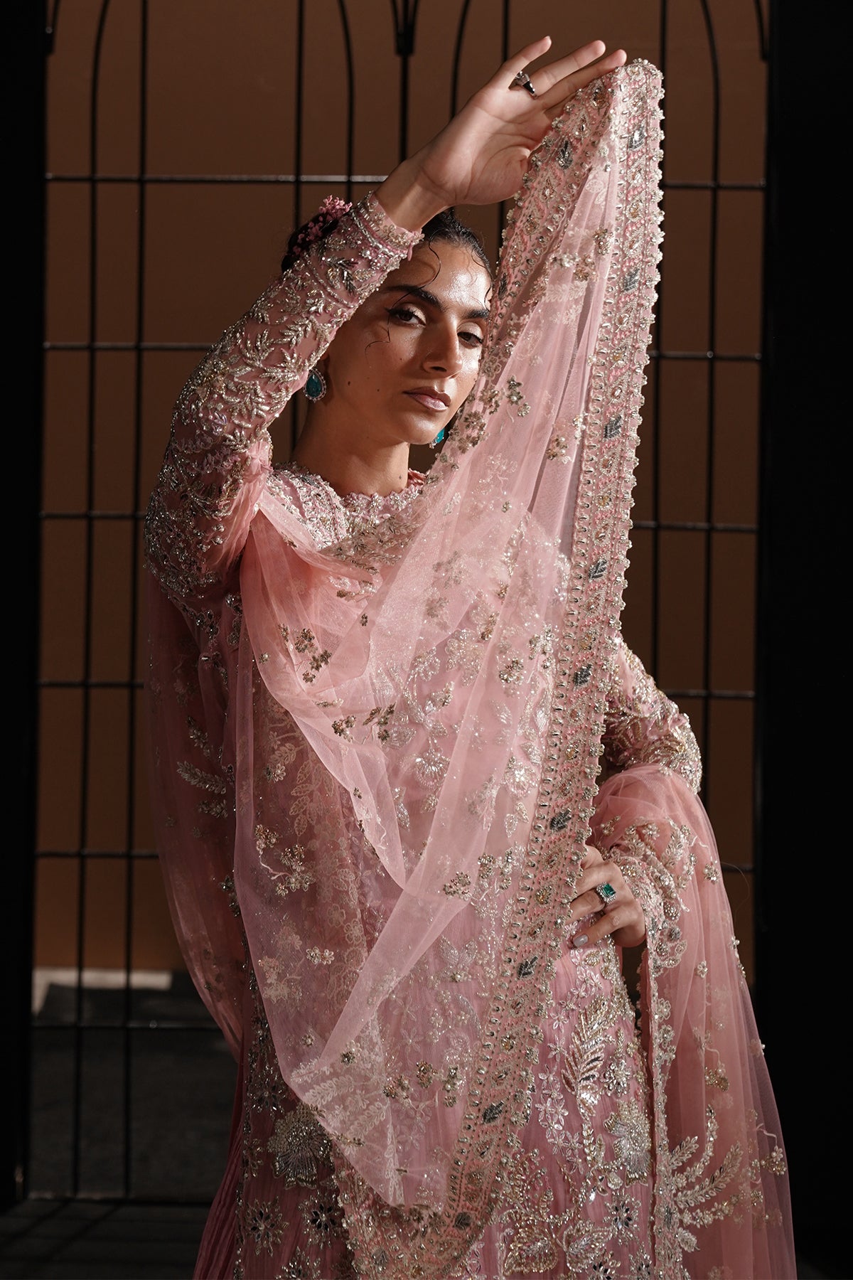 Pakistani Dusty Flamingo Pink Metallic Embroidered Raw Silk Sharara (3-Piece) - Image 5