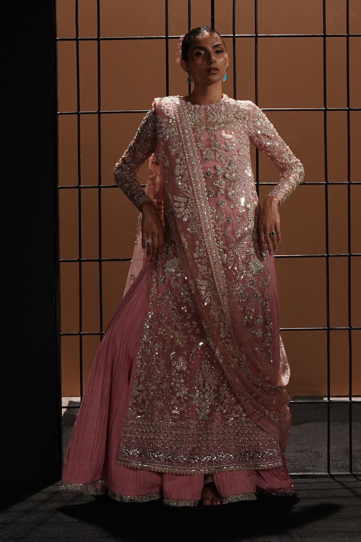 Pakistani Dusty Flamingo Pink Metallic Embroidered Raw Silk Sharara (3-Piece) - Image 6