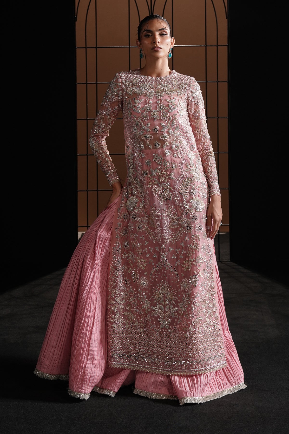 Pakistani Dusty Flamingo Pink Metallic Embroidered Raw Silk Sharara (3-Piece) - Image 7
