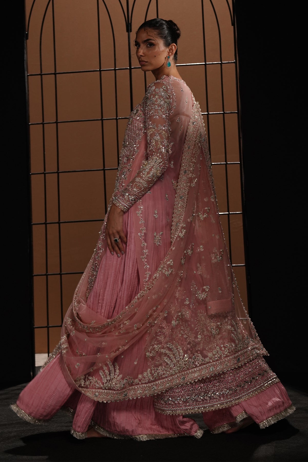 Pakistani Dusty Flamingo Pink Metallic Embroidered Raw Silk Sharara (3-Piece) - Image 8