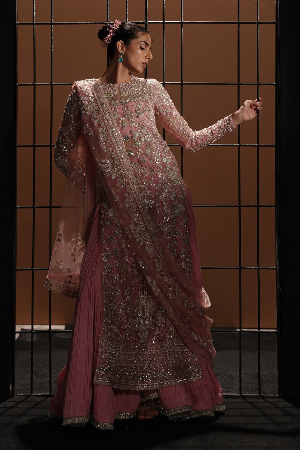 Pakistani Dusty Flamingo Pink Metallic Embroidered Raw Silk Sharara (3-Piece) - Image 9