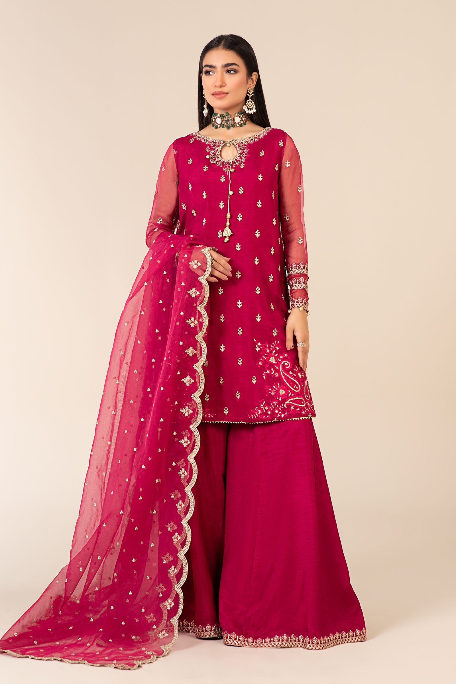 Pakistani Pink Embroidered Raw Silk Sharara Suit (3-Piece) - Image 1