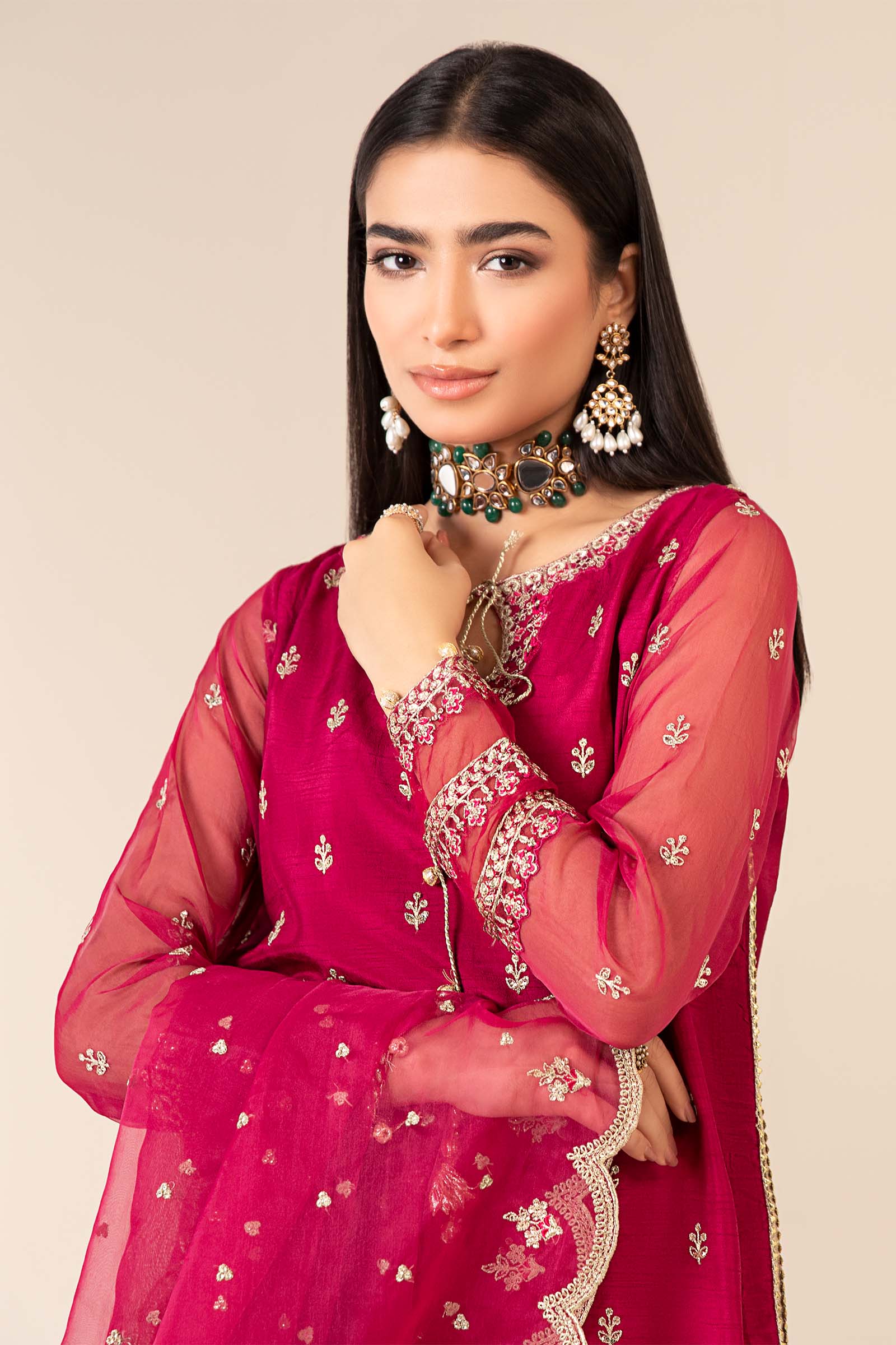 Pakistani Pink Embroidered Raw Silk Sharara Suit (3-Piece) - Image 2