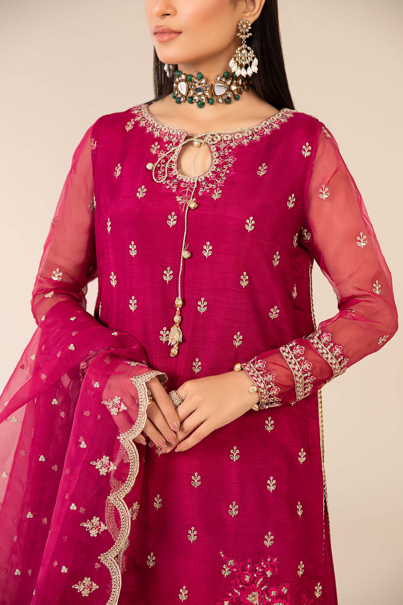 Pakistani Pink Embroidered Raw Silk Sharara Suit (3-Piece) - Image 3