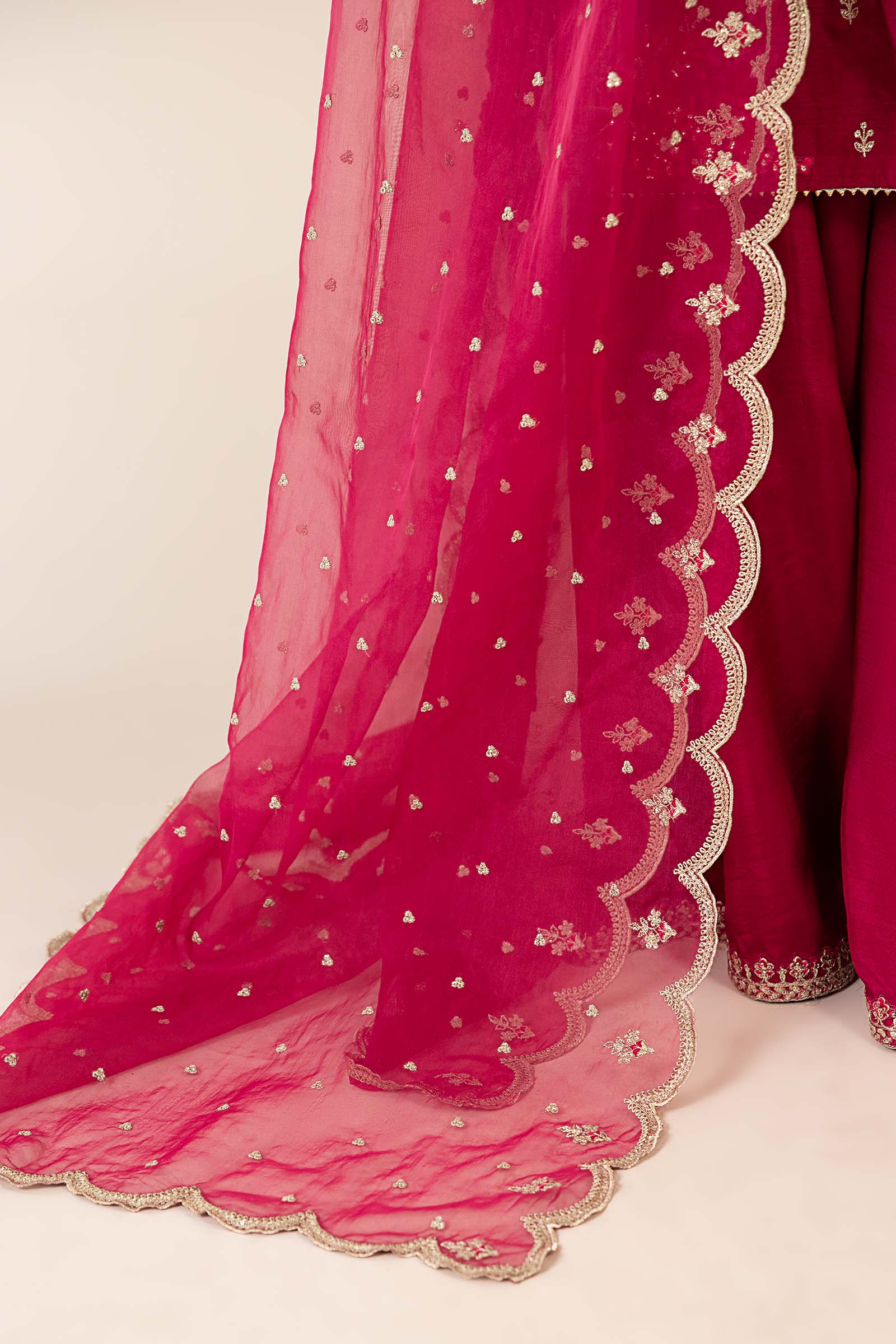 Pakistani Pink Embroidered Raw Silk Sharara Suit (3-Piece) - Image 4