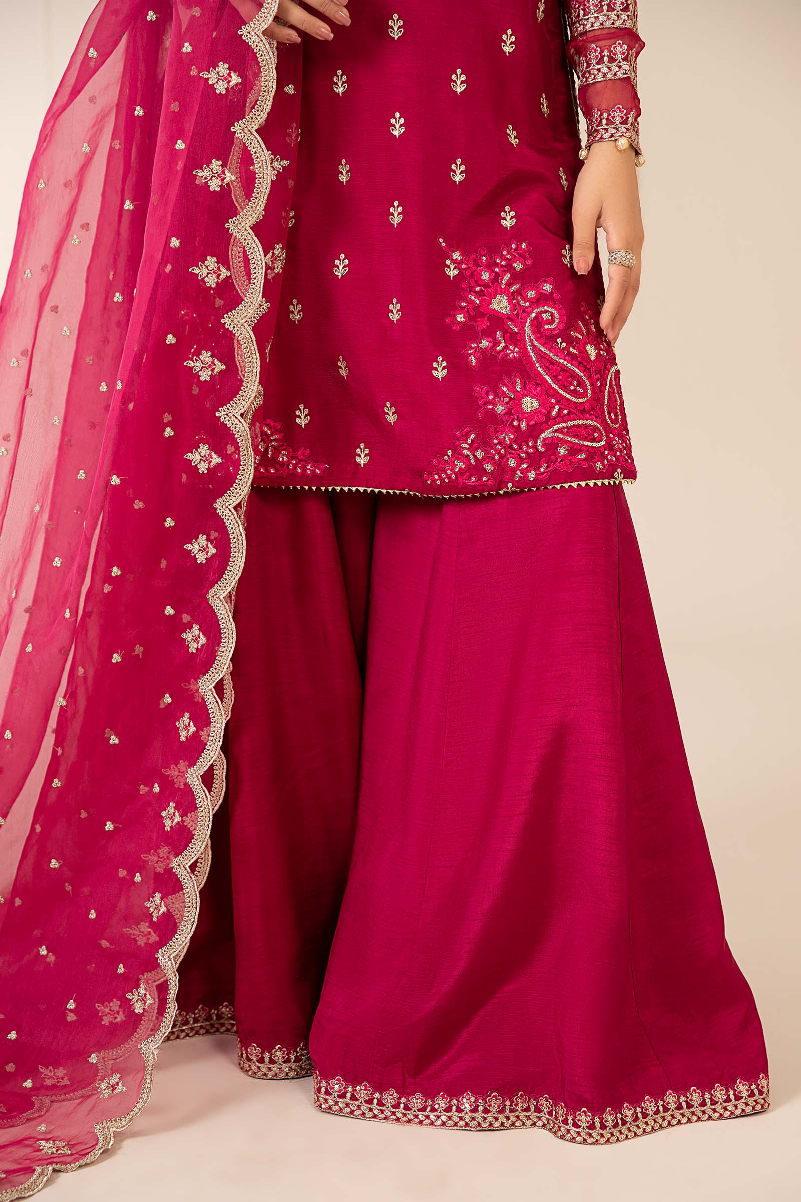 Pakistani Pink Embroidered Raw Silk Sharara Suit (3-Piece) - Image 5