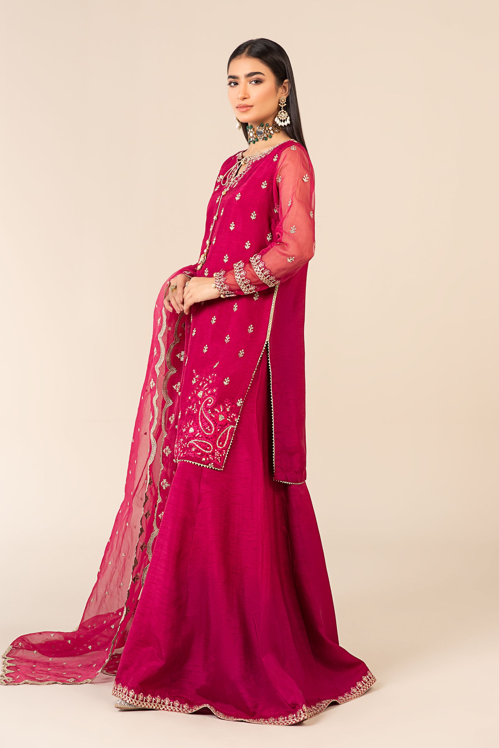 Pakistani Pink Embroidered Raw Silk Sharara Suit (3-Piece) - Image 6