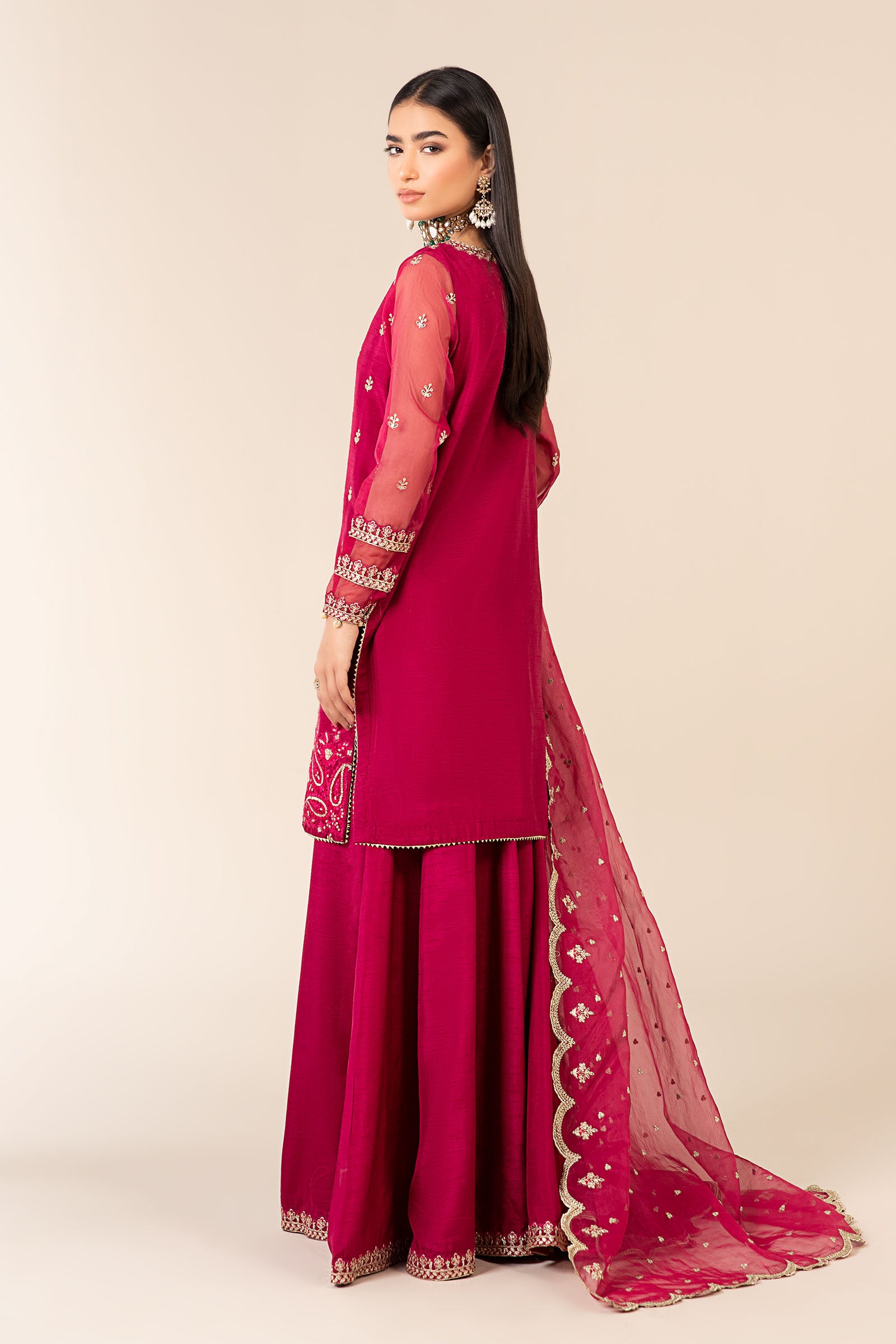 Pakistani Pink Embroidered Raw Silk Sharara Suit (3-Piece) - Image 7