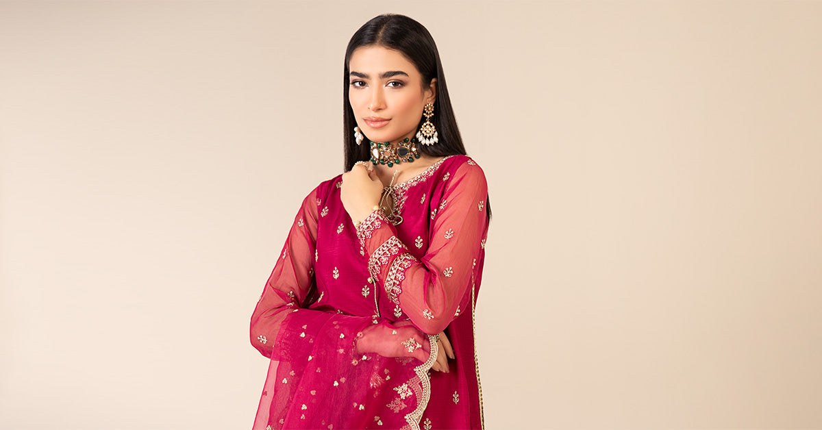 Pakistani Pink Embroidered Raw Silk Sharara Suit (3-Piece) - Image 8