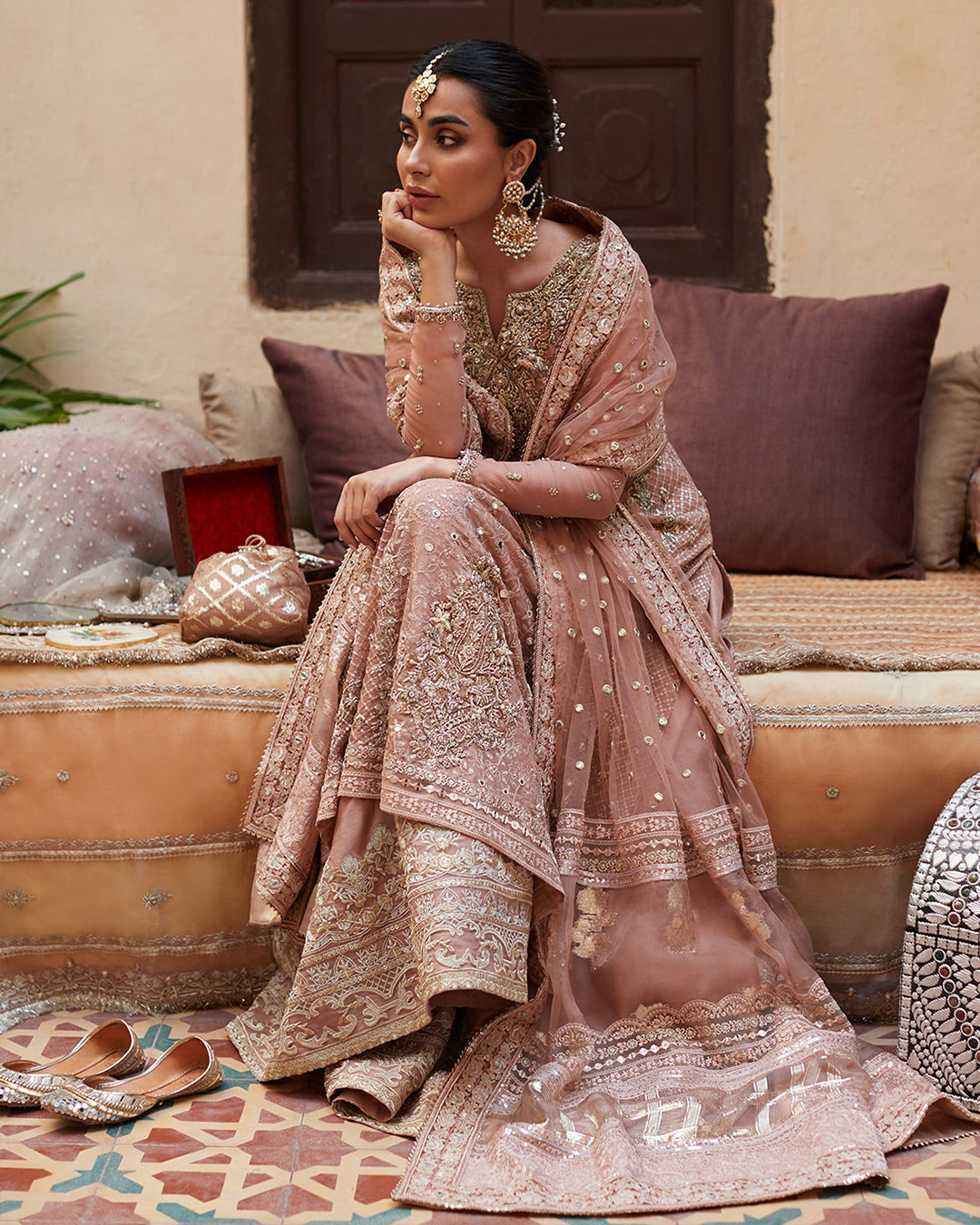 Pakistani Salmon Embellished Chiffon Kameez with Raw Silk Sharara (3-Piece) - Image 3