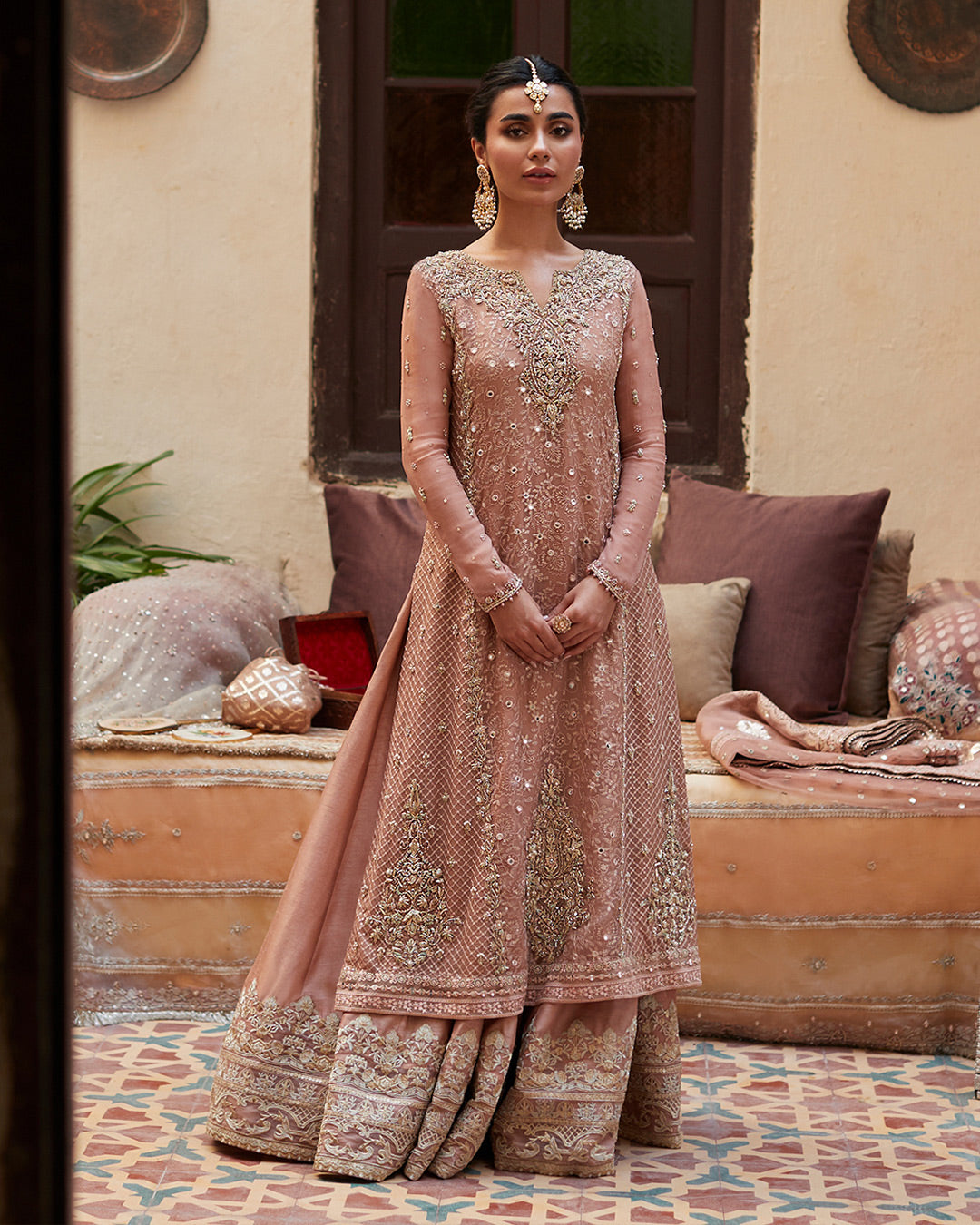 Pakistani Salmon Embellished Chiffon Kameez with Raw Silk Sharara (3-Piece) - Image 5