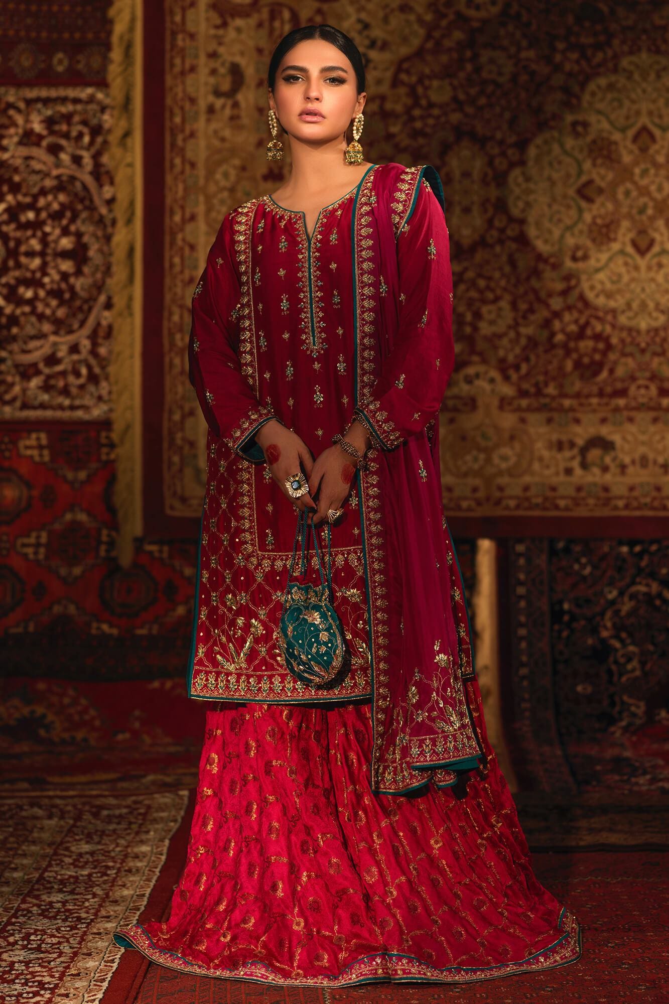 Fuchsia Pink Embroidered Raw Silk Bridal Sharara (3-Piece) - Image 3