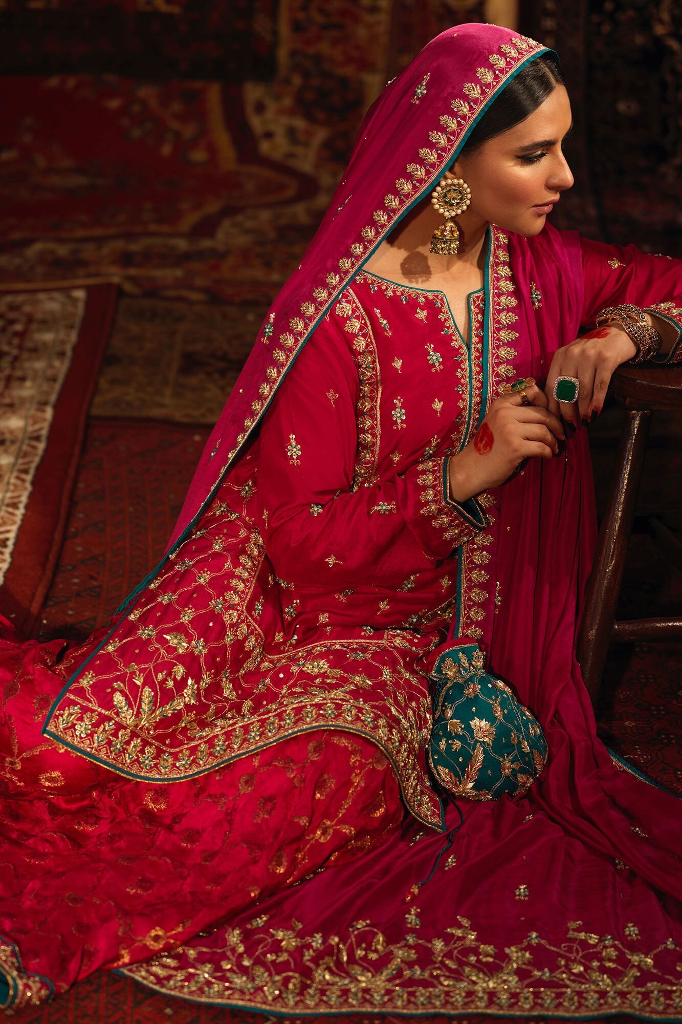 Fuchsia Pink Embroidered Raw Silk Bridal Sharara (3-Piece) - Image 5