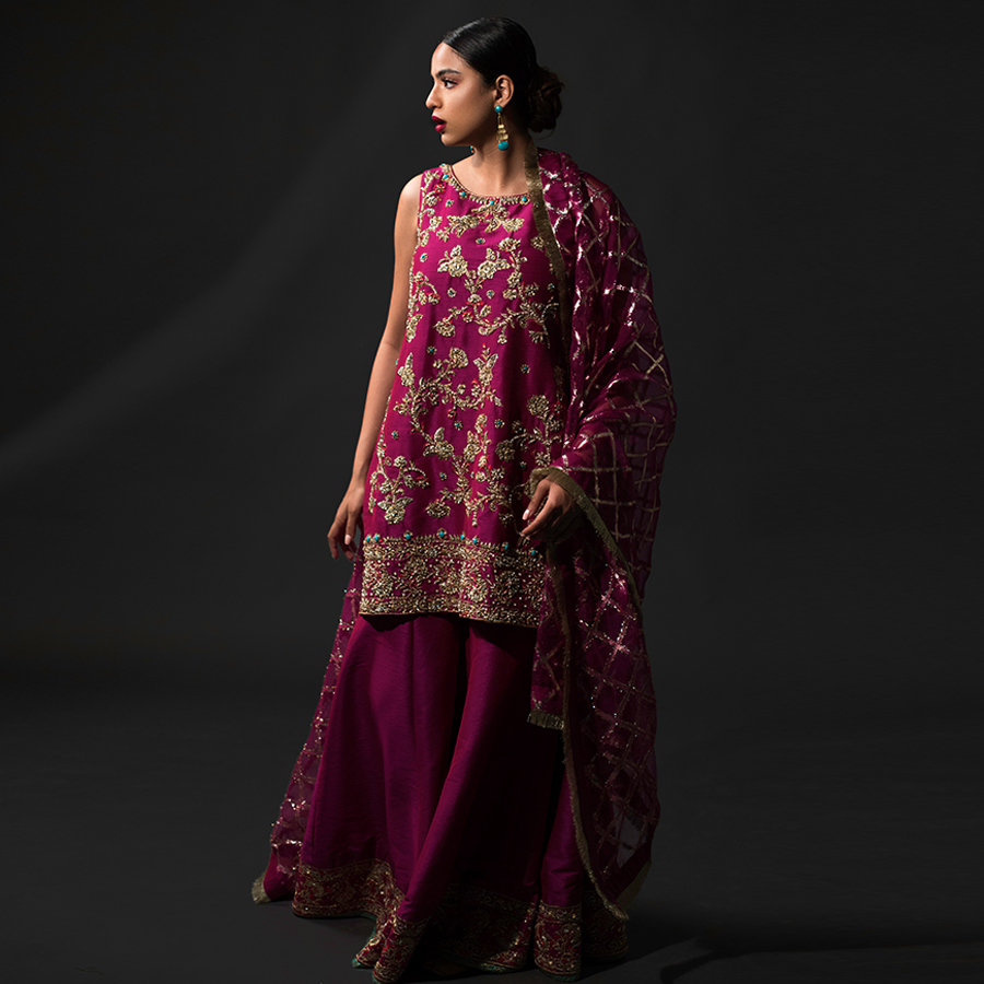 Pakistani Magenta Embroidered Raw Silk Sharara Set (3-Piece) - Image 1