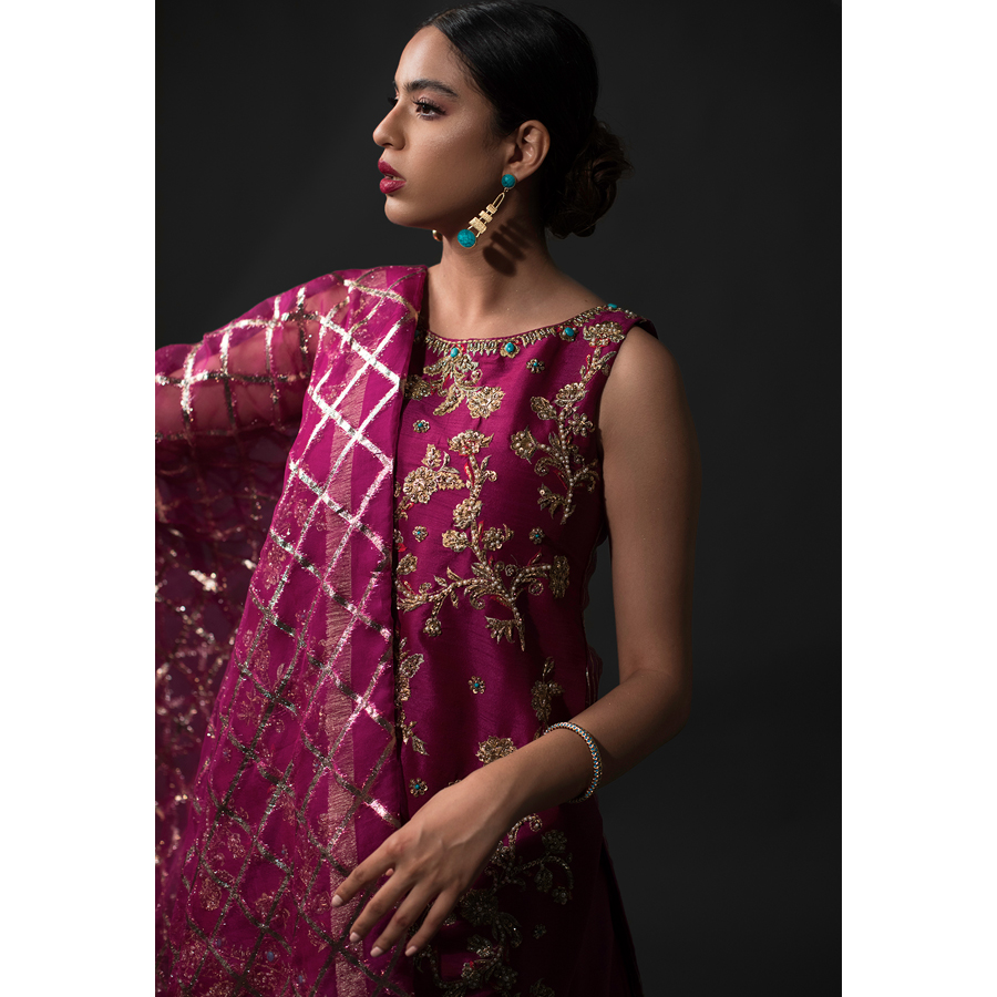Pakistani Magenta Embroidered Raw Silk Sharara Set (3-Piece) - Image 2