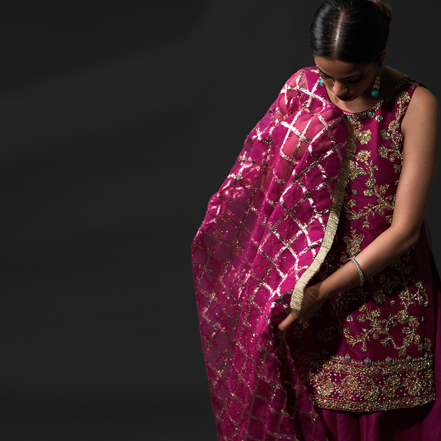 Pakistani Magenta Embroidered Raw Silk Sharara Set (3-Piece) - Image 3