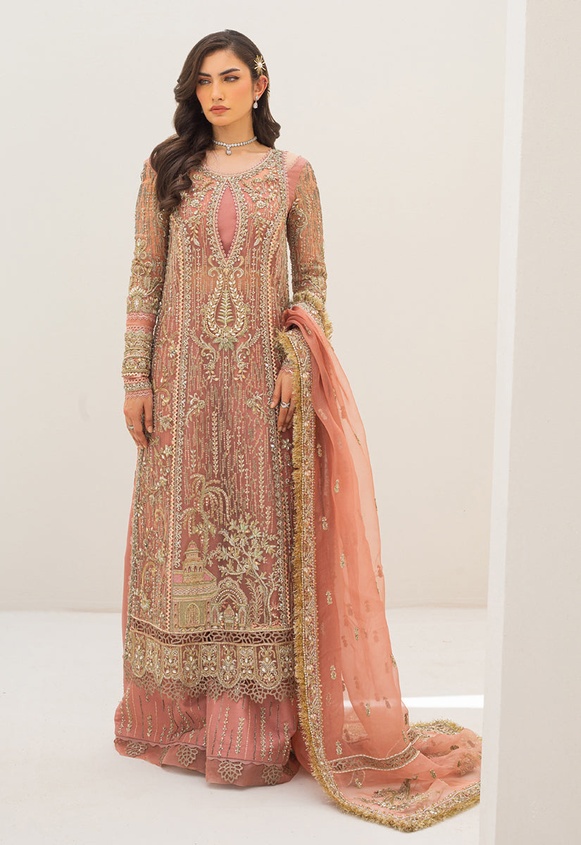 Pakistani Peach Zardozi Embroidered Organza Sharara Set (3-Piece) - Image 1