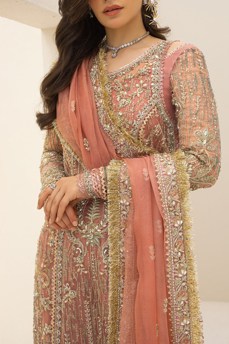 Pakistani Peach Zardozi Embroidered Organza Sharara Set (3-Piece) - Image 2