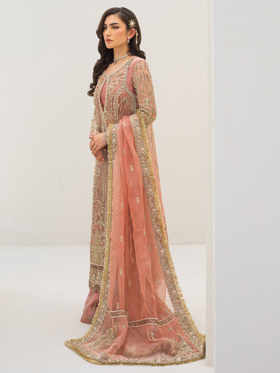 Pakistani Peach Zardozi Embroidered Organza Sharara Set (3-Piece) - Image 3